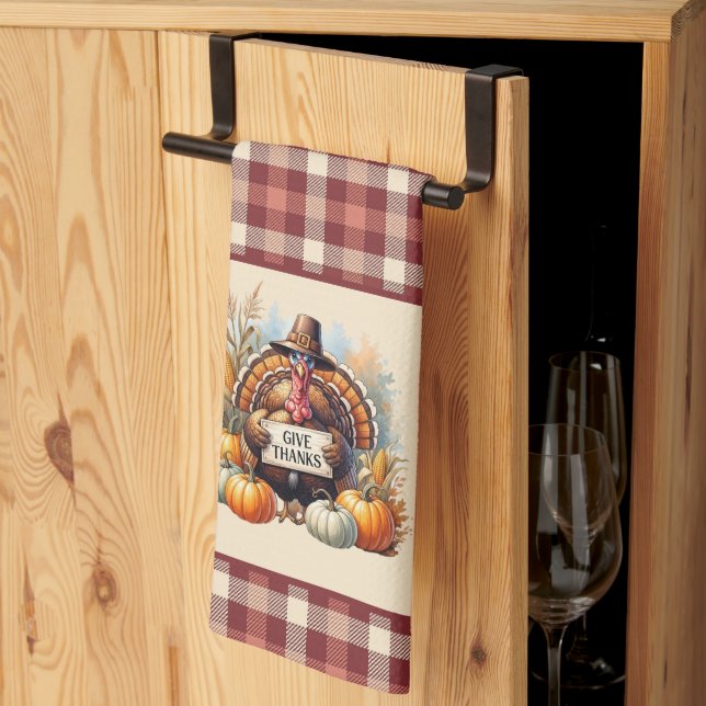 Plaid Gratitude – Thanksgiving Turkey with Pumpkin Kökshandduk (Thirds Fold)