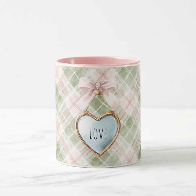 Plaid Green Pink Bow Blue Gold Heart Love Mugg (Center)