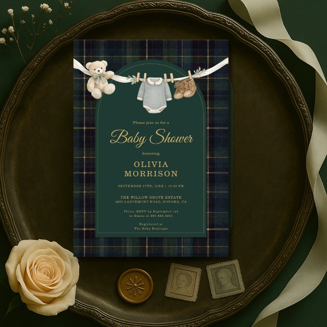 Plaid Green Teddy Bear Clothesline Baby Shower Inbjudningar (Skapare uppladdad)