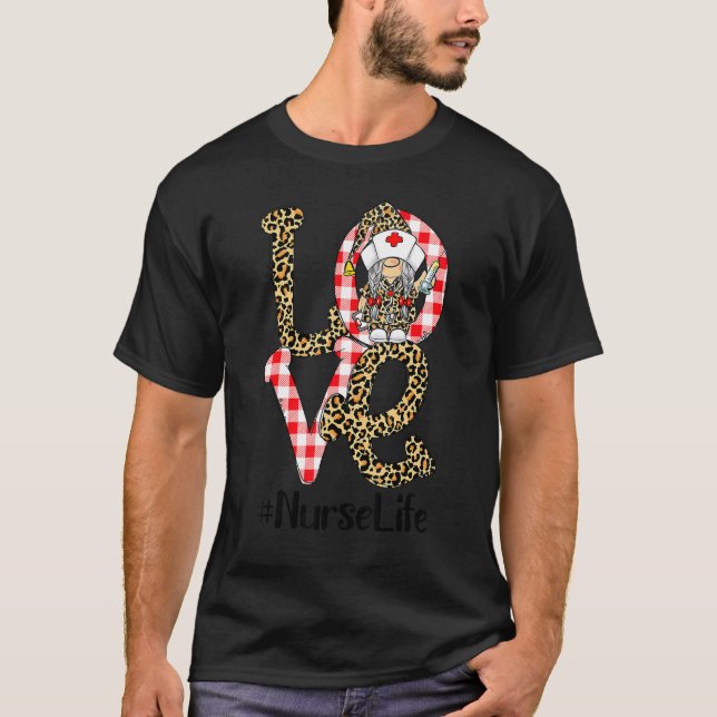 Plaid Leopard Gnome LOVE Nurse Life Funny Valentin T Shirt (Framsida)