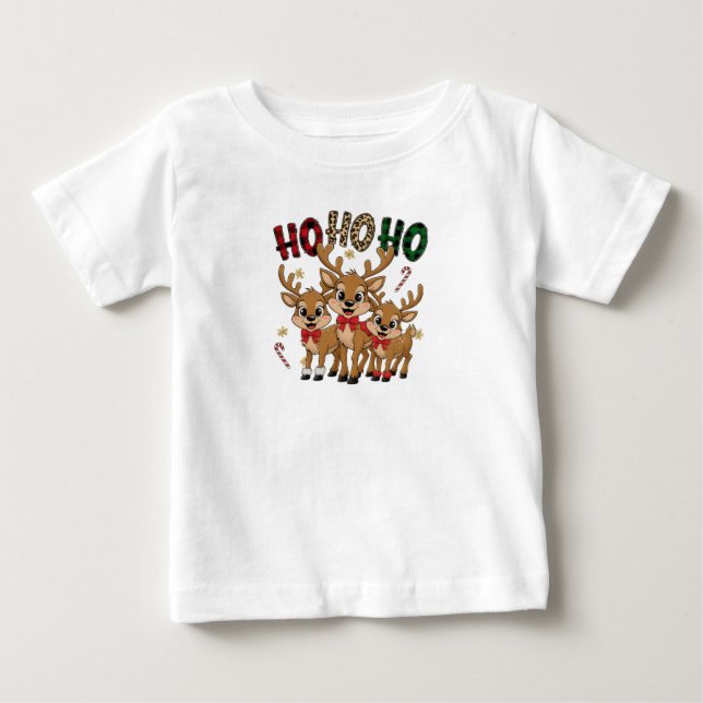 Plaid & Leopard Ho Ho Ho Reindeer Kids Christmas T Shirt (Framsida)