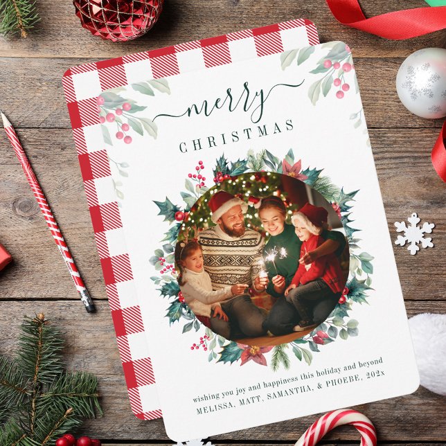 Plaid Merry Christmas Family Photo Botanical Julkort (Plaid Merry Christmas Family Photo Botanical Holiday Card)