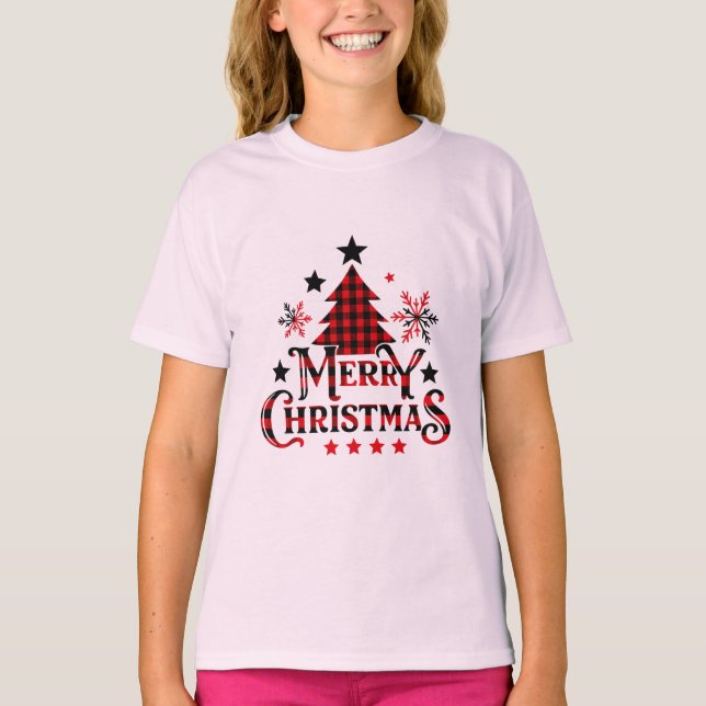 Plaid Merry Christmas Girls T-Shirt (Framsida)