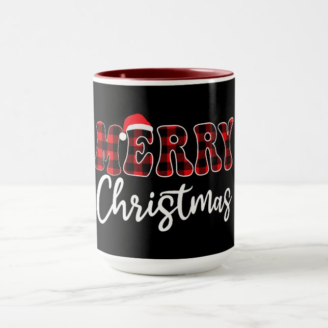 Plaid MERRY Design with Santa Hat  Mugg (Center)