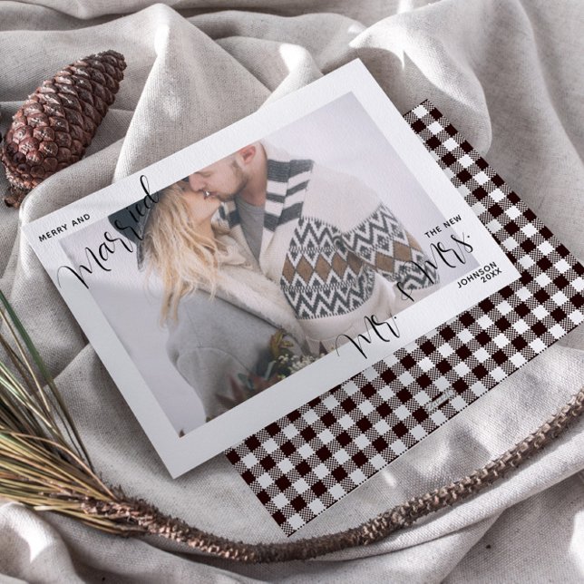 Plaid Merry & Married Skrift  Herr & Fru Foto Julkort (Skapare uppladdad)