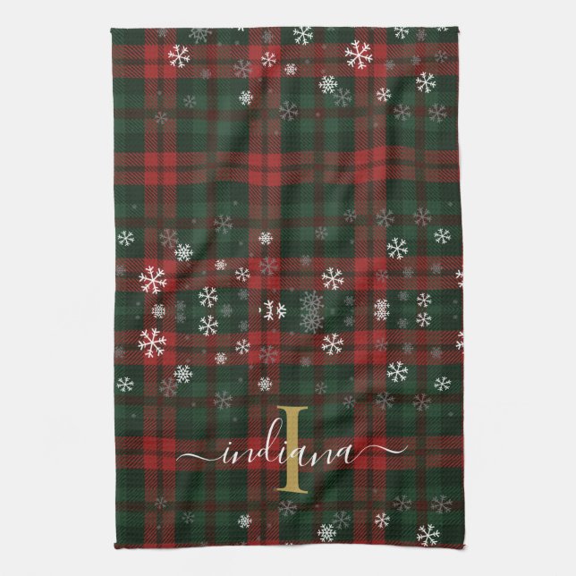 Plaid Monogram Skript Snöflingor Rustik Namn Kökshandduk (Vertikal)