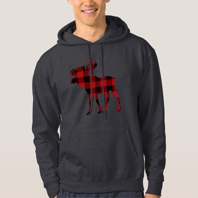 Plaid Moose Hoodie Hooded Sweatshirt Red and Black (Framsida)