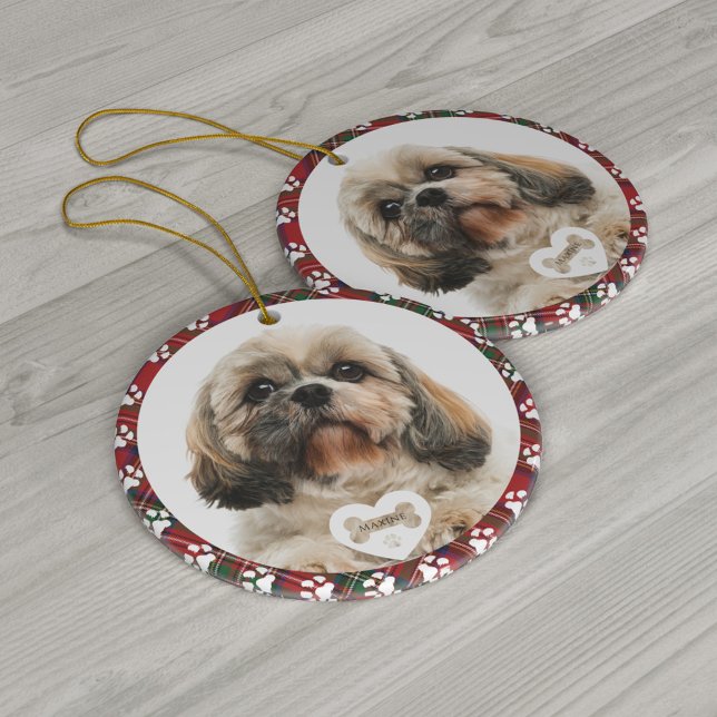 Plaid Pet Hund Foto Jul Stewart Tartan  Julgransprydnad Keramik (Plaid Red Green Check Pet Dog Photo Clan Stewart Circle Ceramic Ornament)