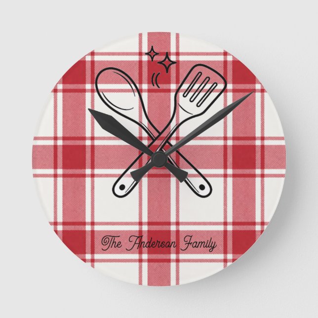 Plaid Red & White Custom Name Gift Rund Klocka (Framsida)
