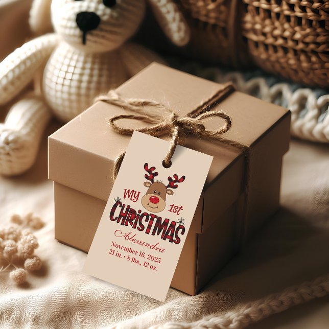 Plaid Reindeer Baby First Christmas Presentetikett (Skapare uppladdad)