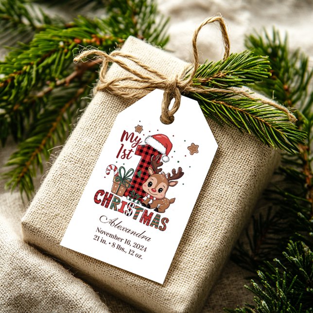 Plaid Reindeer First Christmas Presentetikett (Skapare uppladdad)