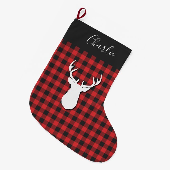 Plaid Rustic Script Julhjort Horn Stor Julstrumpa (Framsidan (Hängande))