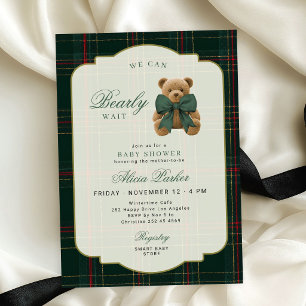 Plaid tartan elegant proper teddybjörn baby shower inbjudningar