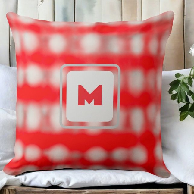 Plaid tartan red white gray monogram Christmas  Kudde (Skapare uppladdad)