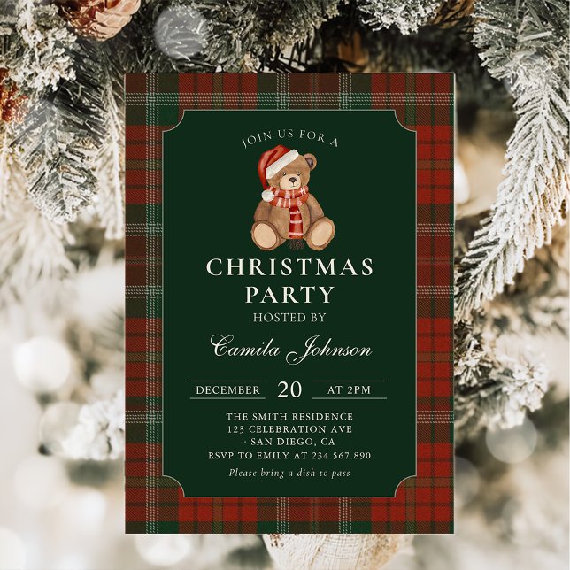 Plaid Teddy Bear Christmas Party Invitation Inbjudningar (Skapare uppladdad)