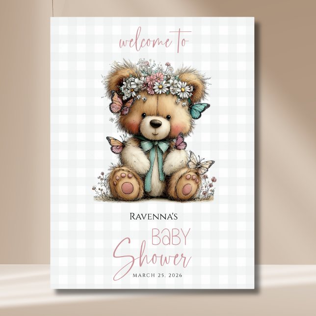 Plaid Teddy Butterfly Daisy Baby Shower Välkommen Poster (Skapare uppladdad)