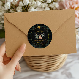 Plaid Teddybjörn Baby Shower Tack Guld Båge Runt Klistermärke