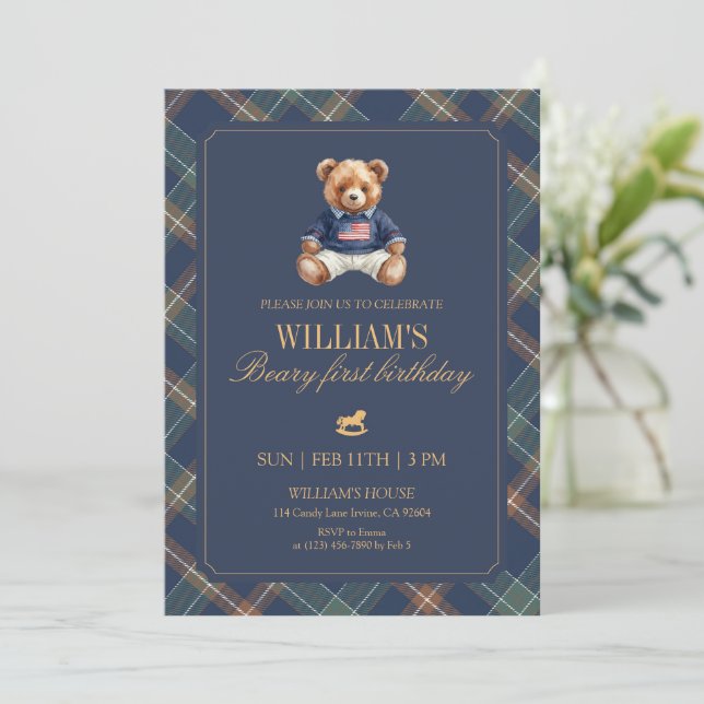 Plaidpojken Teddy Navy Tartanbjörn 1-årsdag Inbjudningar (Stående Fram)