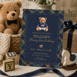Plaidpojken Teddy Navy Tartanbjörn 1-årsdag Inbjudningar