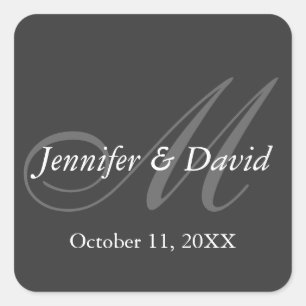 Plain Grått Monogram Bröllop Bride Groom Namn Fyrkantigt Klistermärke