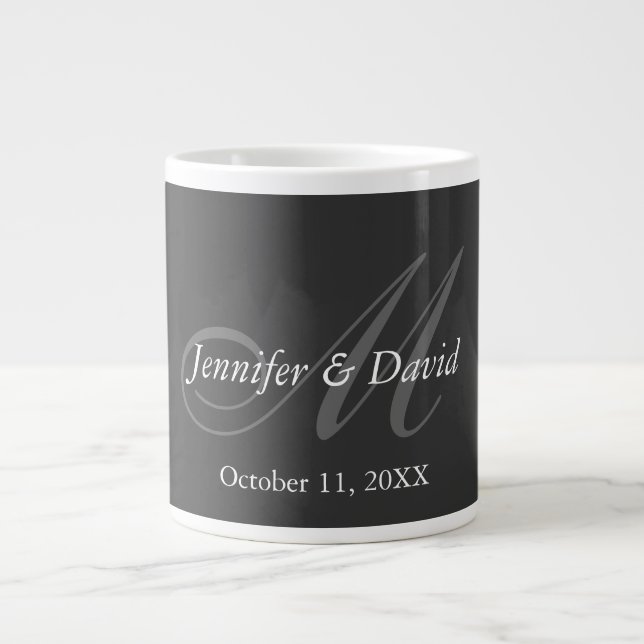 Plain Grått Monogram Bröllop Bride Groom Namn Jumbo Mugg (Framsidan)