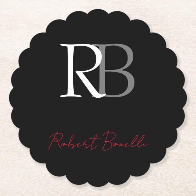 Plain Modern Black Monogrammed Initialer Namn Underlägg Papper (Framsida)