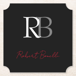 Plain Modern Black Monogrammed Initialer Namn Underlägg Papper