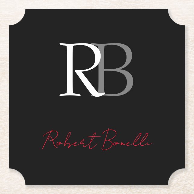 Plain Modern Black Monogrammed Initialer Namn Underlägg Papper (Framsida)