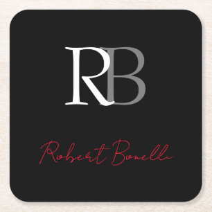 Plain Modern Black Monogrammed Initialer Namn Underlägg Papper Kvadrat