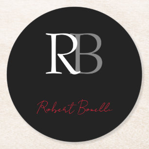 Plain Modern Black Monogrammed Initialer Namn Underlägg Papper Rund