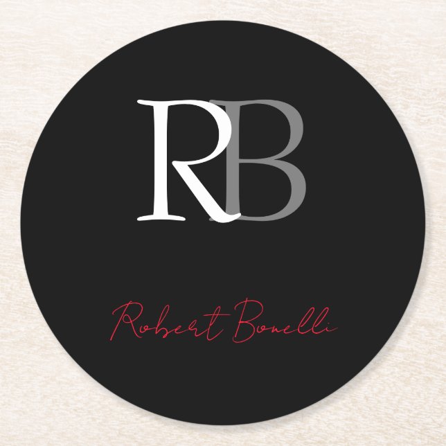 Plain Modern Black Monogrammed Initialer Namn Underlägg Papper Rund (Framsidan)