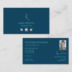 Plain Ocean Blue med Monogram Photo och Jewels Visitkort