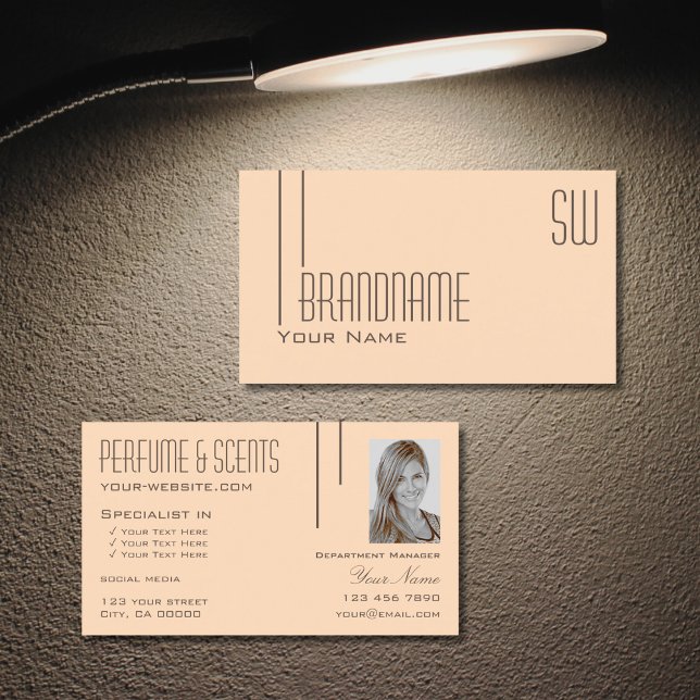 Plain Pastel Peach med Monogram och Photo Modern Visitkort (Skapare uppladdad)