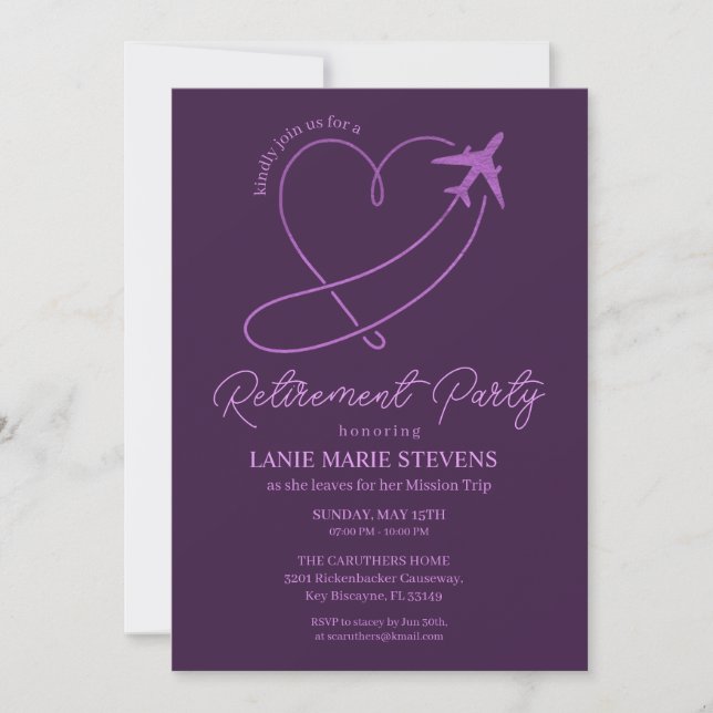 Plain Purple Heart Plain Retirement Party Inbjudningar (Framsida)