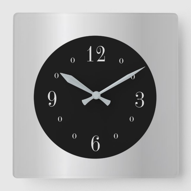 Plain Silver med Black Ansikte Wall Clock Fyrkantig Klocka (Framsida)