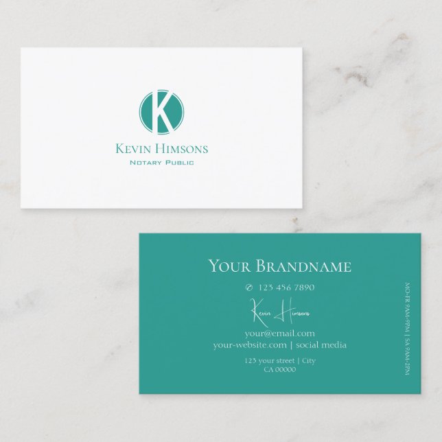 Plain White och Teal med Monogram Professionell Visitkort (Fram/baksida)