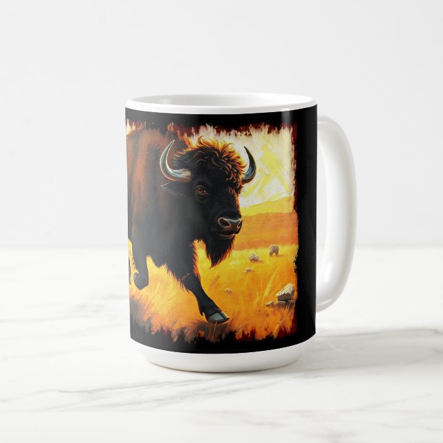 Plains Buffalo - Running American Buffalo Artwork Kaffemugg (Framsida höger)