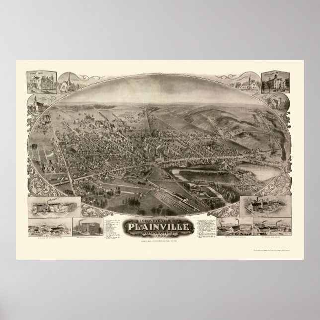 Plainville, CT Panoramic Karta - 1907 Poster (Framsidan)