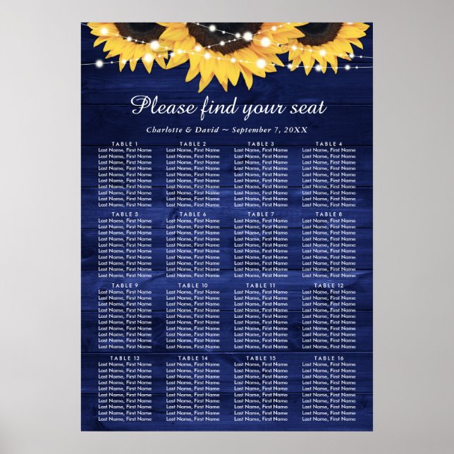 Plan 16 för marinsolrosblomman Bröllop Bord 16 Poster (Framsidan)