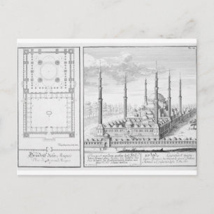 Plan och vy över den blå moskén (1609-16), byggt vykort