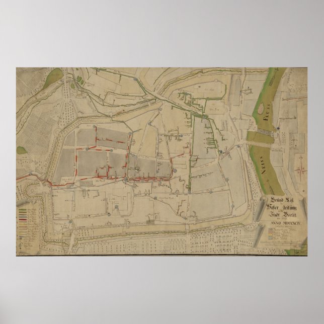 Plan över vattenförsörjningssystemet i Görlitz, 17 Poster (Framsidan)