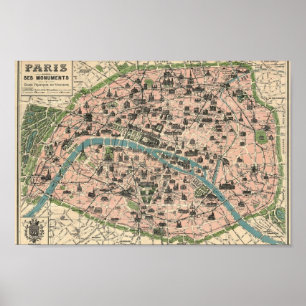 Plan Paris et ses monument Poster