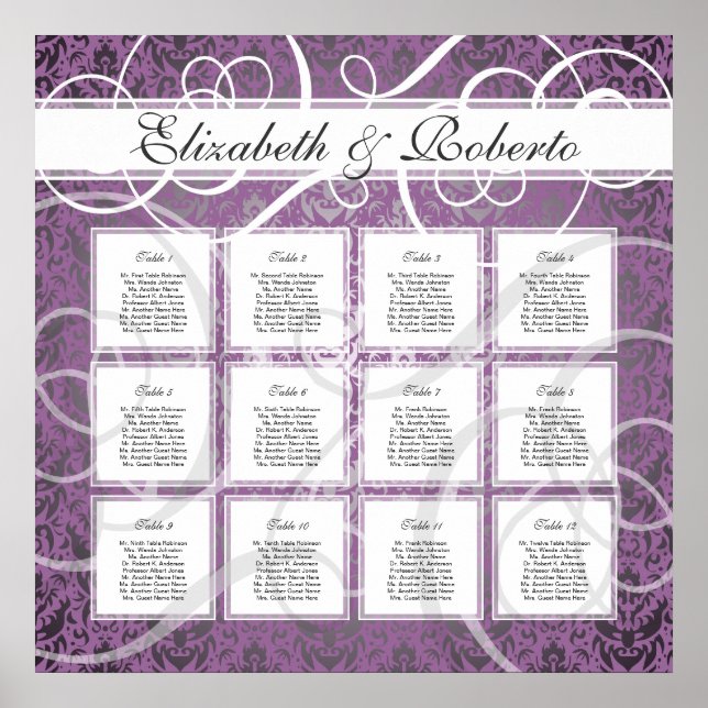 Plandiagram över Lilac Damask 12 Bord Bröllop Poster (Framsidan)