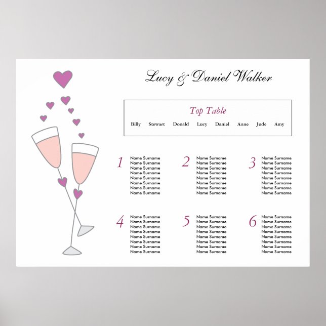 Planen Champagne Toast Bröllop Seating Bord Poster (Framsidan)