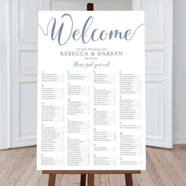 Planen Dusty Blue Seating Chart Alphabetical Bord Poster (Skapare uppladdad)