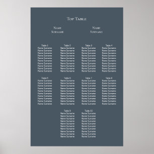 Planen för säten i elegant Blue and White Bröllop Poster