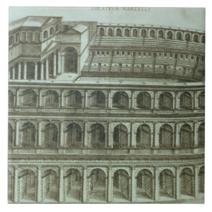 Planera av theatren av Marcellus, Rome, engr 1558 Kakelplatta