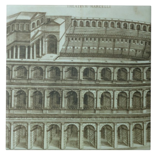 Planera av theatren av Marcellus, Rome, engr 1558 Kakelplatta (Framsidan)