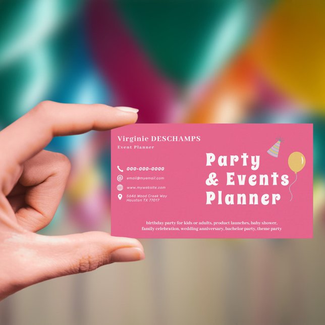 Planering av fester och evenemang Rosa Visitkort (Party & Events Planner Pink Business Card)