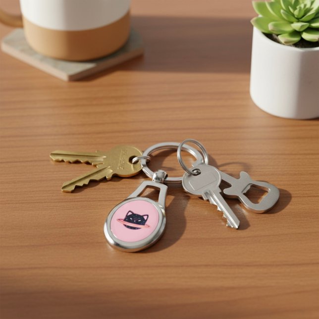 Planet Cat Keychain Ovalt Silverfärgad Nyckelring (Skapare uppladdad)